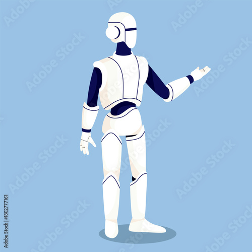 Humanoid robot in white armor with outstretched arm, flat style, on blue background. Concept of AI assistant or futuristic technology. Vector illustration