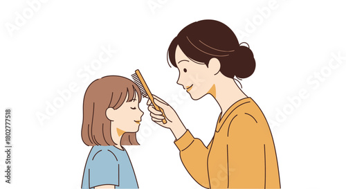 Loving mother gently brushes her child's hair, creating a heartwarming moment of connection and care in a simple, clean style