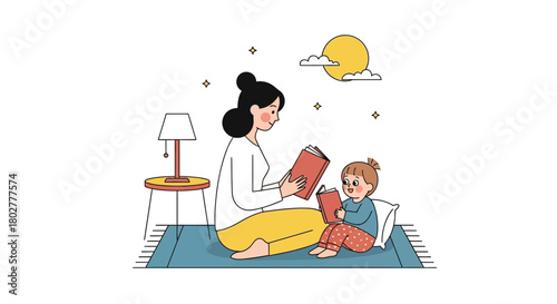Cherish bedtime stories with a loving mother and child sharing a magical moment of imagination and learning before sleep