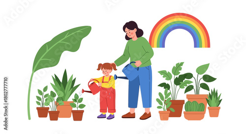 Joyful mother and daughter happily watering potted plants together, a vibrant rainbow overhead symbolizing hope and growth
