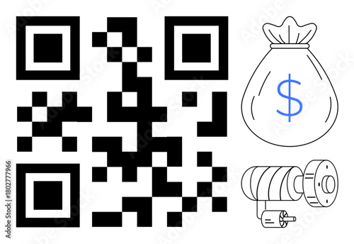 QR code linking to financial data, money bag symbolizing wealth, and gear indicating system functions. Ideal for technology, finance, commerce, automation, payment innovation and business. Simple