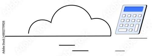 Calculator next to a cloud shape symbolizing cloud computing, technology, digital calculation, remote data storage, financial management, cost estimation, and modern IT strategies. Easy to grasp flat