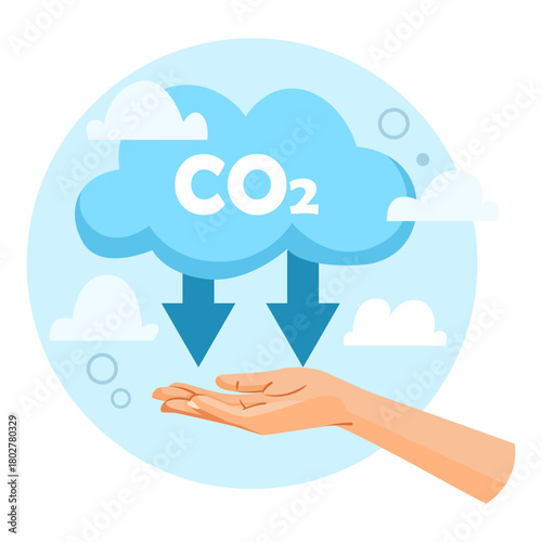 Human hand catching arrows from CO2 cloud symbol in flat style on light sky background. Concept of carbon capture and sustainability. Vector illustration