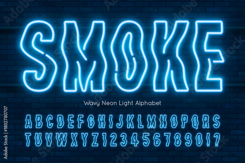 Neon light wavy alphabet, retro-futuristic extra bright letters.