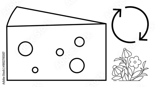 Cheese wedge with holes, recycling arrows, and blooming flowers. Ideal for sustainability, eco-friendliness, organic farming, circular economy, food waste composting biodiversity. Simple flat