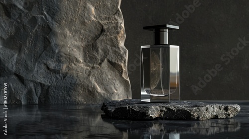 A clear glass perfume bottle sits on a dark stone surface. The background features textured rock, creating a minimalist and elegant atmosphere.