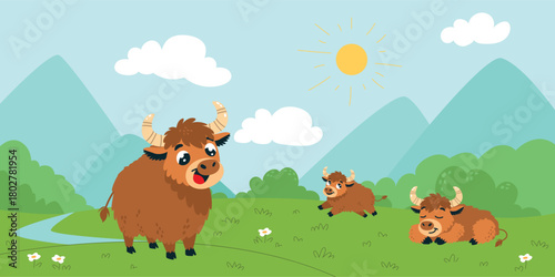 Yaks on green valley. Cartoon cattle walking on grass, resting on hills on floral meadow. Fairy tale children book illustration with farm animals, classy vector scene