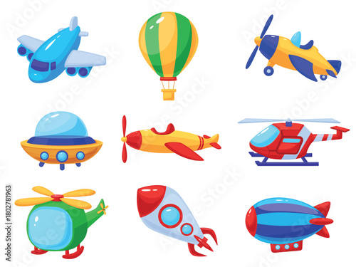 Cartoon air transport. Children plastic flying toys. Spaceship, hot air balloon, rescue helicopter, alien ship, airship and retro style plane, nowaday vector set