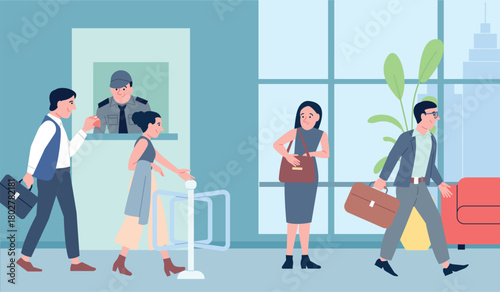 Employees heading to office for work. Workers go through security, terminal and security, show entry documents. Corporate morning, vector scene