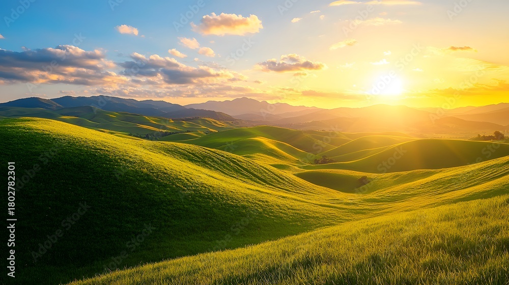 Fototapeta premium Golden sunlight over rolling green hills high resolution picture