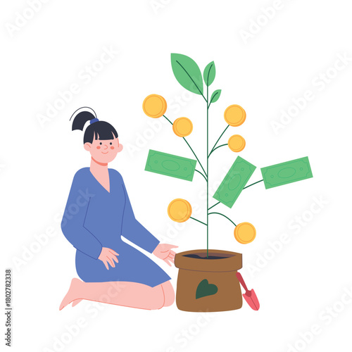 Girl growing money tree. Investment, saving metaphor. Adult woman and plant with golden coins and banknotes. Rich flat female vector character