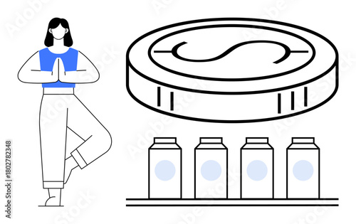 Woman in yoga pose, large coin symbol, and product bottles representing balance, health, budget planning, mindful living, financial wellness, sustainable choices, simple flat metaphor