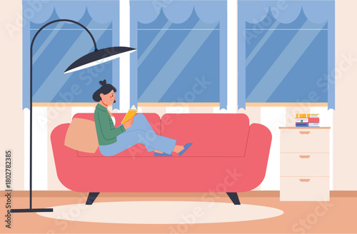 Girl reading book on sofa in living room. Study, rest in weekend or on evening. Reading female character. Hobby time, day at home vector scene