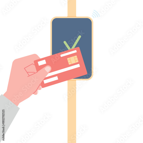 Online payment concept. Human holding credit debit card and pay in terminal for parking or ticket to public transport, subway, bus, vector concept