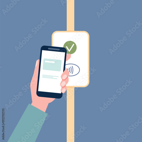 Pay for public transport with e-wallet. Online digital card for pay for parking. Hand holding smartphone and buying electronic ticket in bus, subway, vector scene