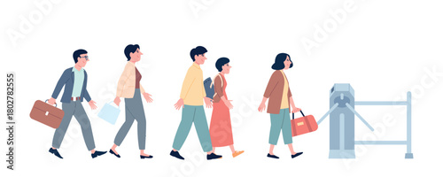 People queue at checkpoint. Men women coming in or going out in office building, public transport terminal, subway or bank. Crowd heading to turnstile, vector scene