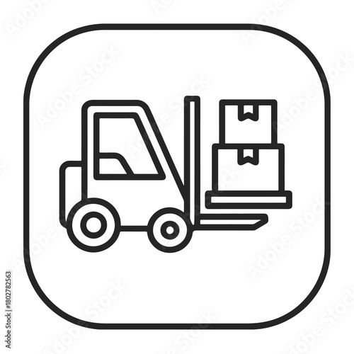 Minimalist forklift-and-boxes outline in curved-square marker, black vector for distribution platforms, warehouse tools, and freight movement systems.