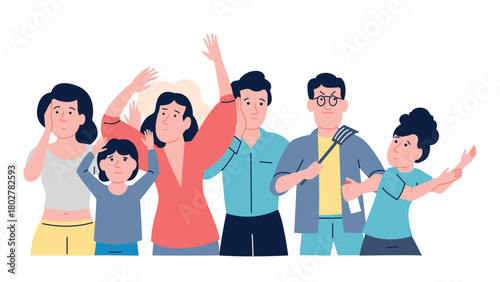 People shrugging it off, afraid, panicking. Crowd of adult and children, men and women together. Frustrated characters in panic and fear, vector scene