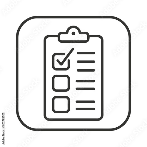 Minimalist checklist clipboard outline in curved-square marker, black vector for logistics platforms, inventory monitoring, and distribution management.
