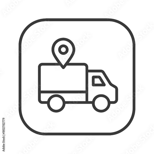 Minimalist truck-and-pin outline in curved-square marker, black vector for freight tracking, distribution systems, and delivery management tools.