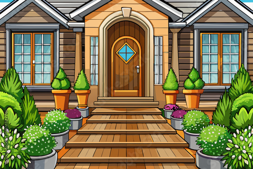 A stylish suburban home entrance with a wooden path leading to the front door, decorative potted lawn, modern exterior design, inviting residential facade and well-maintained landscaping that creates 