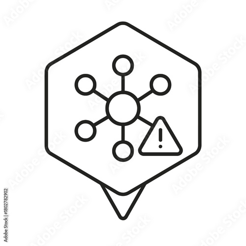 Thin line neural network with warning triangle icon inside hexagon pin, black vector representing AI ethical dilemmas and responsible technology risks.