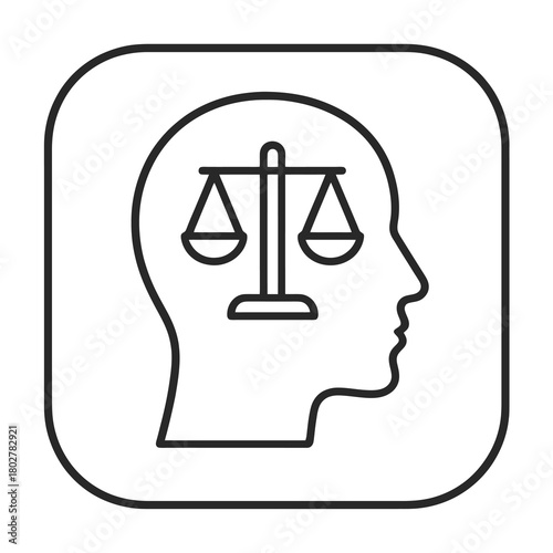 Thin line human-head with justice scale icon inside rounded-square pin, black vector representing AI ethical guidelines, moral evaluation, and responsible decision-making.