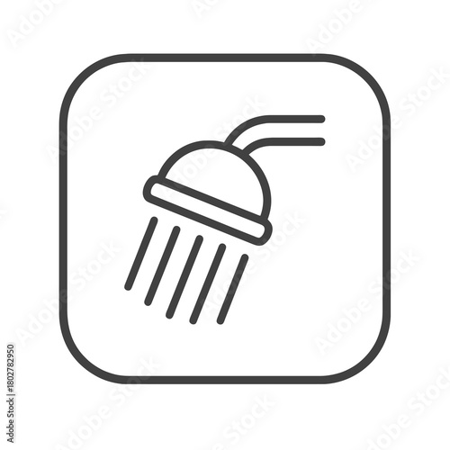 Thin line showerhead with water streams icon inside rounded-square pin, black vector representing hygiene, water flow, and bathing utilities.