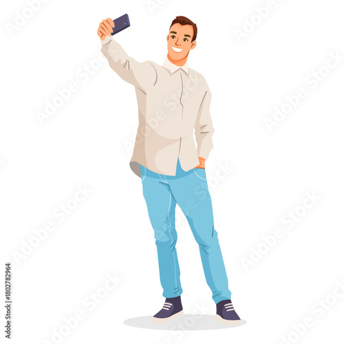Young man smiling while taking selfie with smartphone, cartoon style, white background. Concept of modern lifestyle and self-expression. Vector illustration