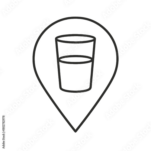 Thin line glass of water icon inside teardrop pin, black vector representing hydration, drinking water, and healthy daily intake.