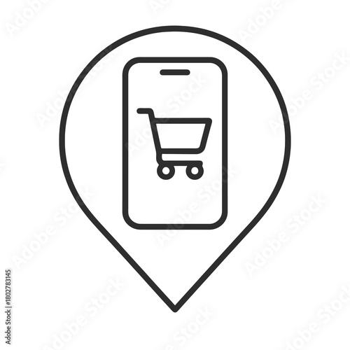 Thin line smartphone with cart icon inside circle pin, black vector representing mobile commerce, online shopping, and consumer purchases.