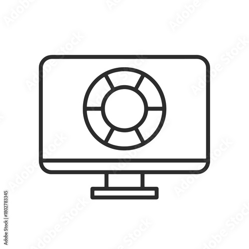 Thin line monitor with lifebuoy icon, black vector symbol representing online assistance, remote IT help, and tech support.