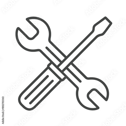Minimalist crossed tools outline, black vector for tech support platforms, hardware fixes, and troubleshooting services.