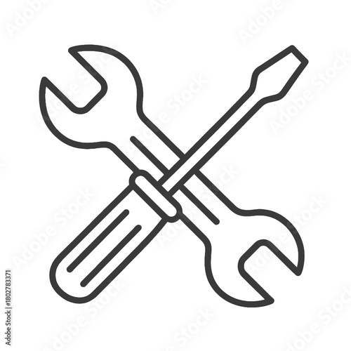 Thin line wrench and screwdriver icon, black vector representing IT maintenance, technical repair, and system adjustments.