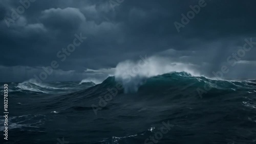 Epic ocean storm footage showing huge waves crashing under a dramatic dark stormy sky and striking lightning
