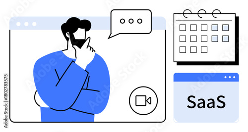 Man in thoughtful gesture within browser frame, speech bubble, SaaS text, video icon, and calendar. Ideal for planning, SaaS tools, scheduling, decision-making collaboration technology business