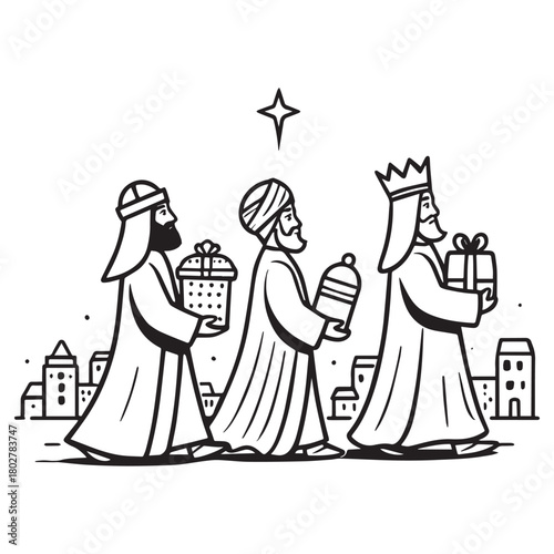 Three wise men carrying gifts under star christmas nativity