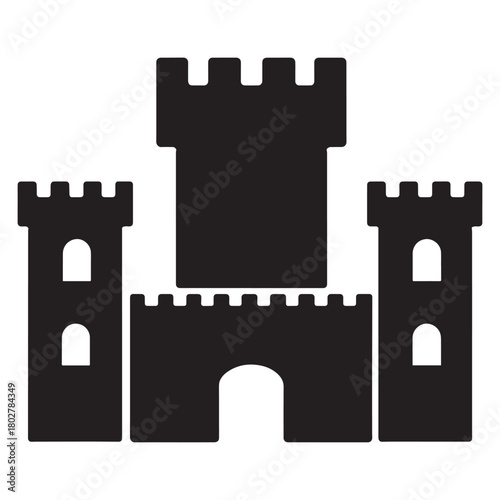 Black castle silhouette with crenellated towers and arched entrance white architecture