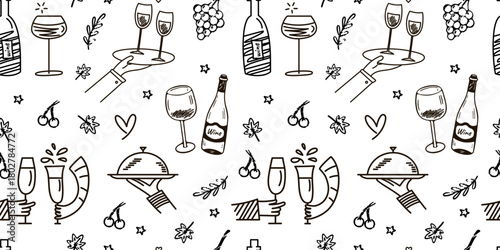 Monochrome seamless pattern of wine glasses, bottles, grapes, trays, and culinary doodles in a simple hand drawn style. Perfect for restaurant branding, menu backgrounds, wine bar decor, packaging.