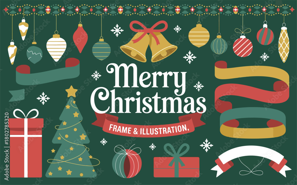 Fototapeta premium Festive merry christmas illustration with decorated tree gifts bells ornaments and ribbons on dark green background