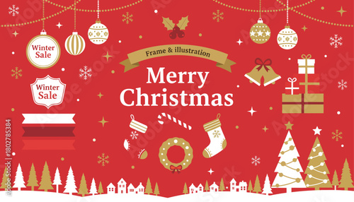 Festive merry christmas illustration with decorative elements like trees gifts ornaments and snowflakes on red background