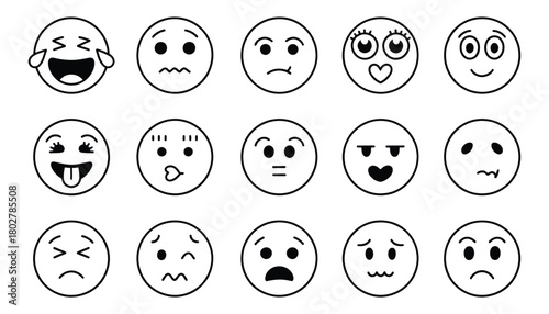 Collection of hand drawn oval faces expressing a wide range of emotions and feelings