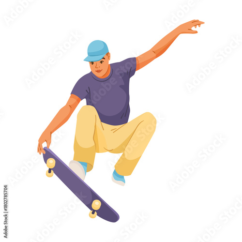 Young male skateboarder in dynamic jump pose with skateboard, flat cartoon style on white background. Concept of skating action. Vector illustration