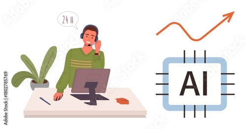 Professional at desk with headset, supported by AI chip, growth graph, and plant nearby. Ideal for customer service, AI, technology, efficiency growth teamwork innovation. Clean flat metaphor