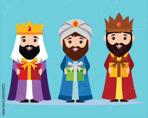 Three kings holding gifts wearing crowns and robes beards