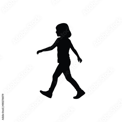 A silhouette of a young girl walking with her arms outstretched on a white isolated background view side