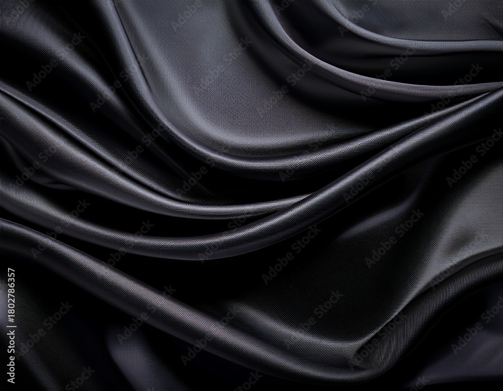 Fototapeta premium black satin fabric draped in flowing curves on a dark background luxurious fabric texture with subtle ripples and folds