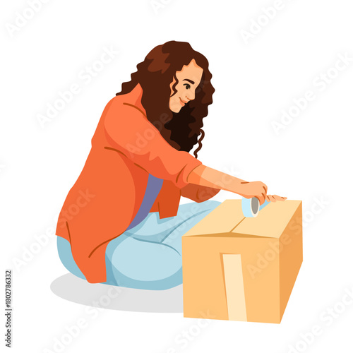 Young woman sealing cardboard box with tape while sitting cross-legged, flat graphic style, white background. Concept of packing or moving. Vector illustration