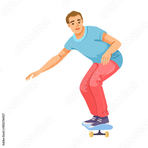 Young man riding a skateboard, colorful cartoon style on white background. Concept of youth, sport, balance and lifestyle. Vector illustration