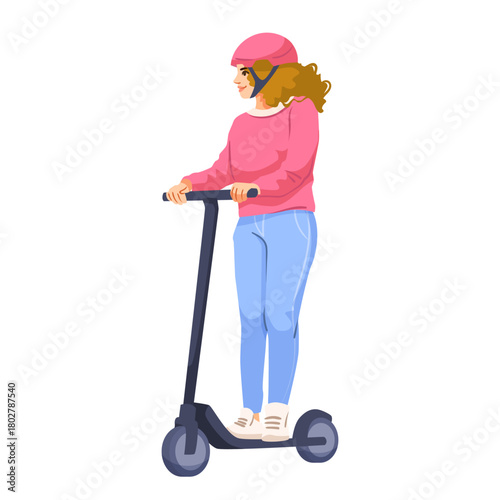 Young woman wearing helmet and casual clothes riding electric scooter, flat style, on white background. Concept of eco-friendly transport. Vector illustration
